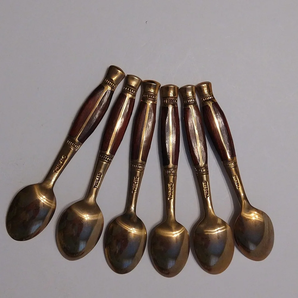 6 Vintage Brass and Rosewood Demitasse Spoons in Original Red Velvet case